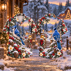 Christmas Blue Jay Garden Gate Print Hawaiian Shirt