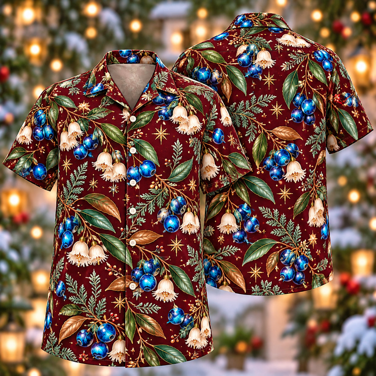 Digital mockup: front and back of one AlohaVero Christmas Blue Marble Fruit Wine Aloha No Pocket Hawaiian shirt