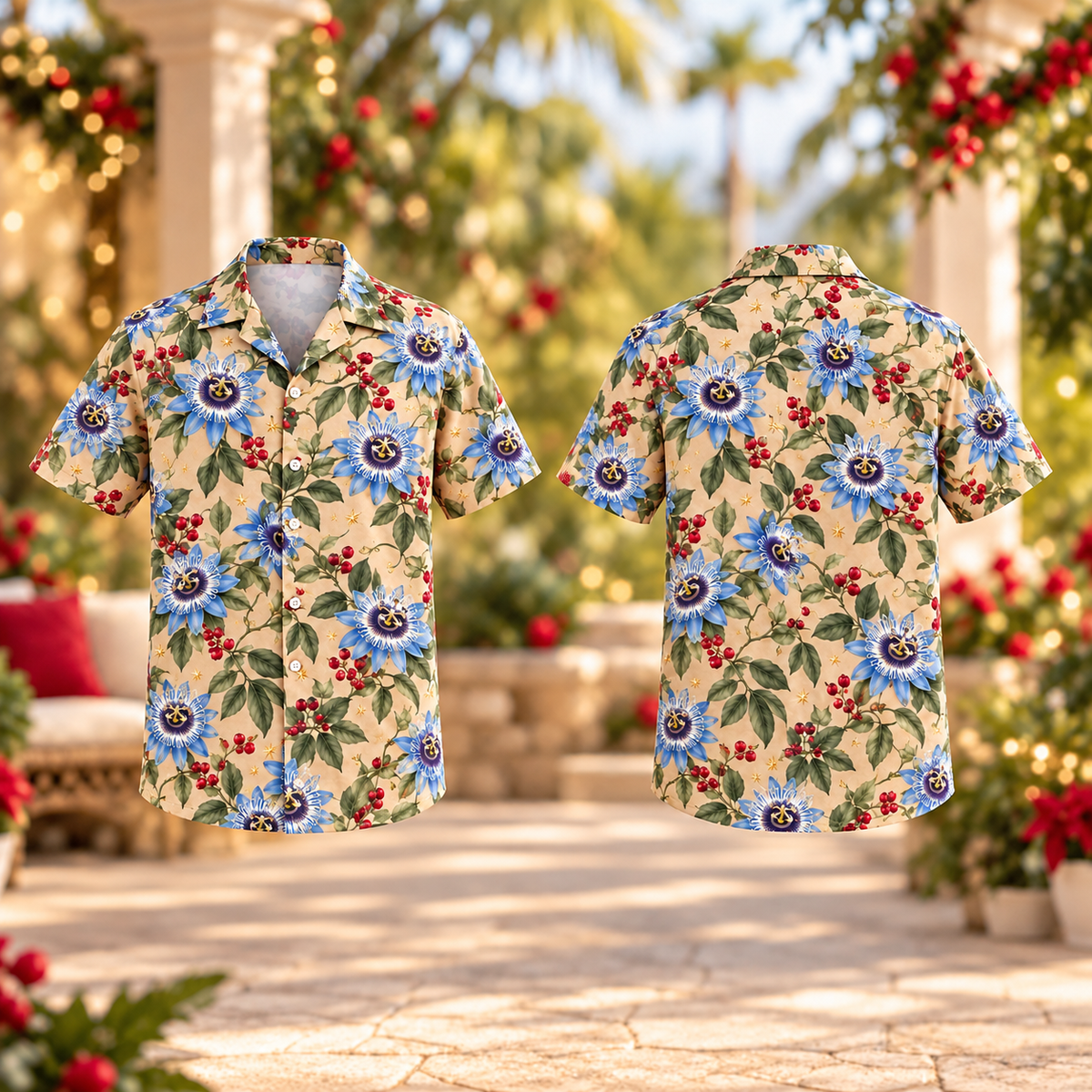 Digital mockup: front and back of one AlohaVero Christmas Blue Passionflower Sandstone Aloha No Pocket Hawaiian shirt