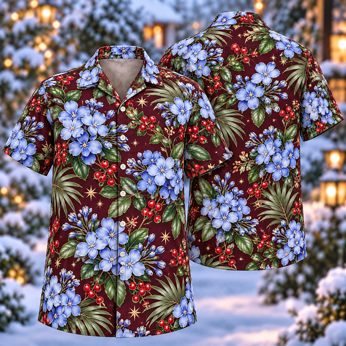 Digital mockup: front and back of one AlohaVero Christmas Blue Plumbago Wine Aloha No Pocket Hawaiian shirt