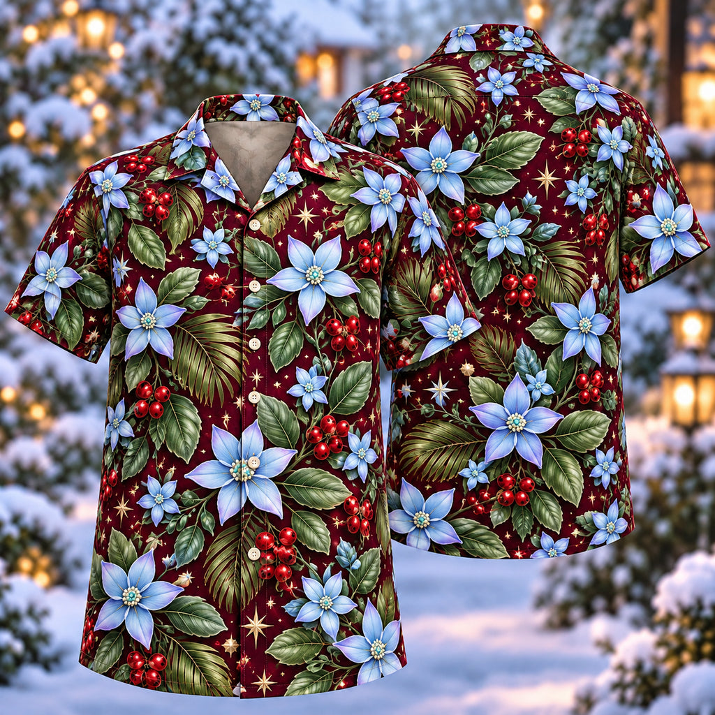 Digital mockup: front and back of one AlohaVero Christmas Blue Starflower Wine Aloha No Pocket Hawaiian shirt