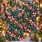 Digital mockup: front and back of one AlohaVero Christmas Blush Coral Vine Navy Aloha No Pocket Hawaiian shirt
