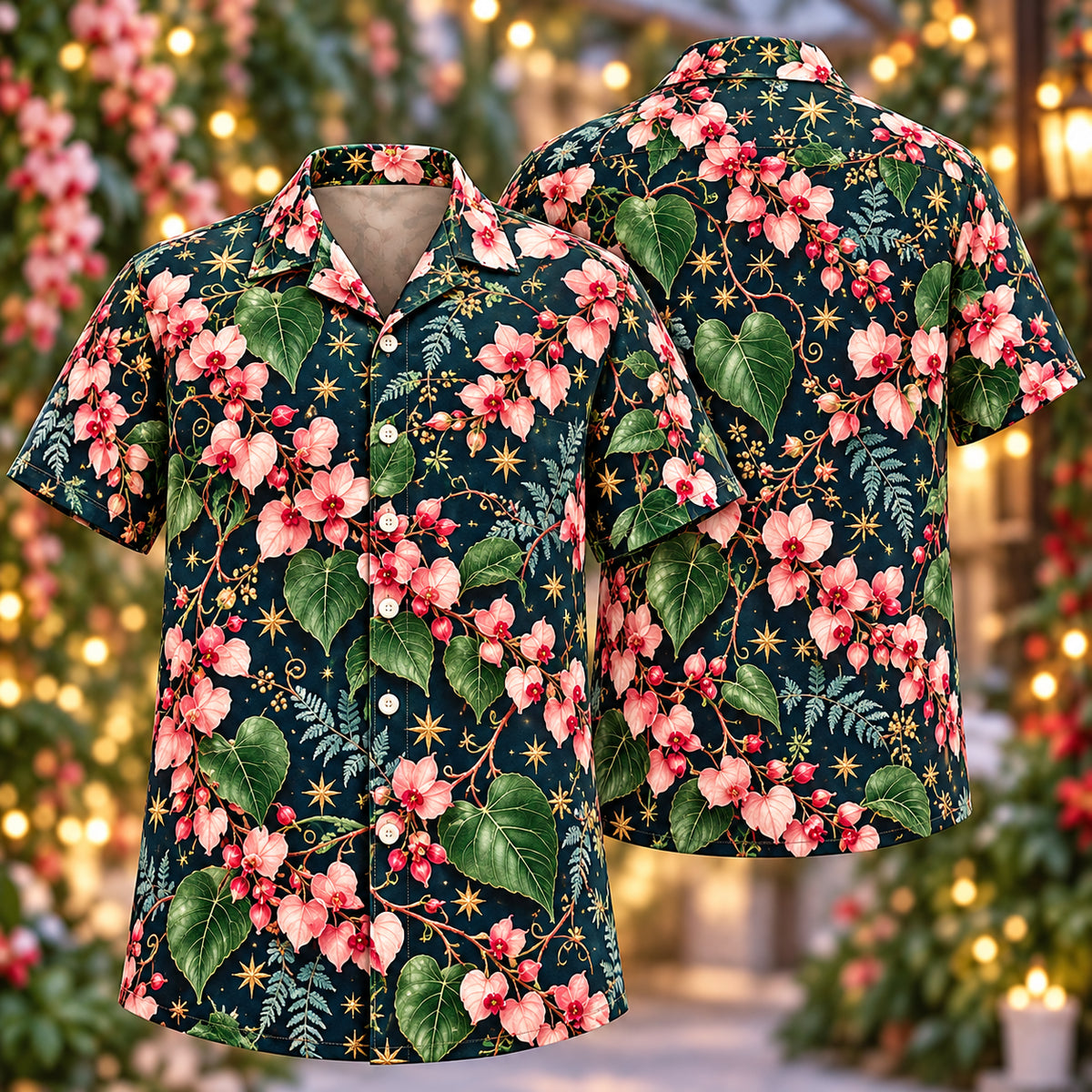 Digital mockup: front and back of one AlohaVero Christmas Blush Coral Vine Navy Aloha No Pocket Hawaiian shirt