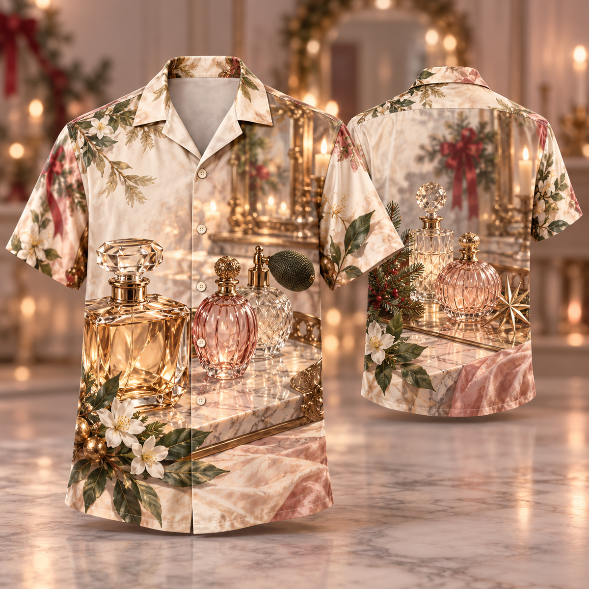 Digital mockup: front and back of one AlohaVero Christmas Blush Crystal Bottle Vanity No Pocket Hawaiian shirt