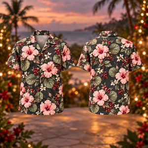 Christmas Blush Hibiscus Seagrape Charcoal Aloha Hawaiian Shirt