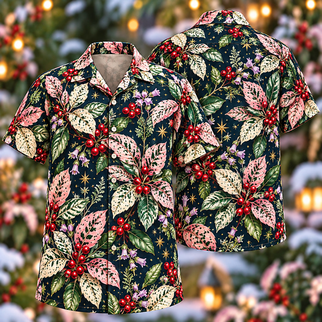 Digital mockup: front and back of one AlohaVero Christmas Blush Ivory Hypoestes Navy Aloha No Pocket Hawaiian shirt