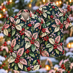 Digital mockup: front and back of one AlohaVero Christmas Blush Ivory Hypoestes Navy Aloha No Pocket Hawaiian shirt