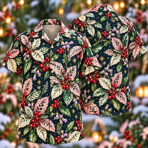 Christmas Blush Ivory Hypoestes Navy Aloha Hawaiian Shirt