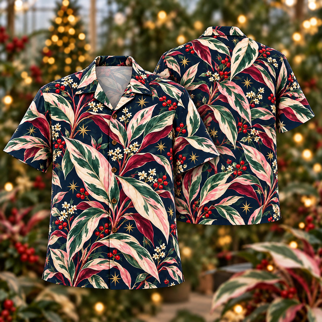 Digital mockup: front and back of one AlohaVero Christmas Blush Ivory Stromanthe Navy Aloha No Pocket Hawaiian shirt