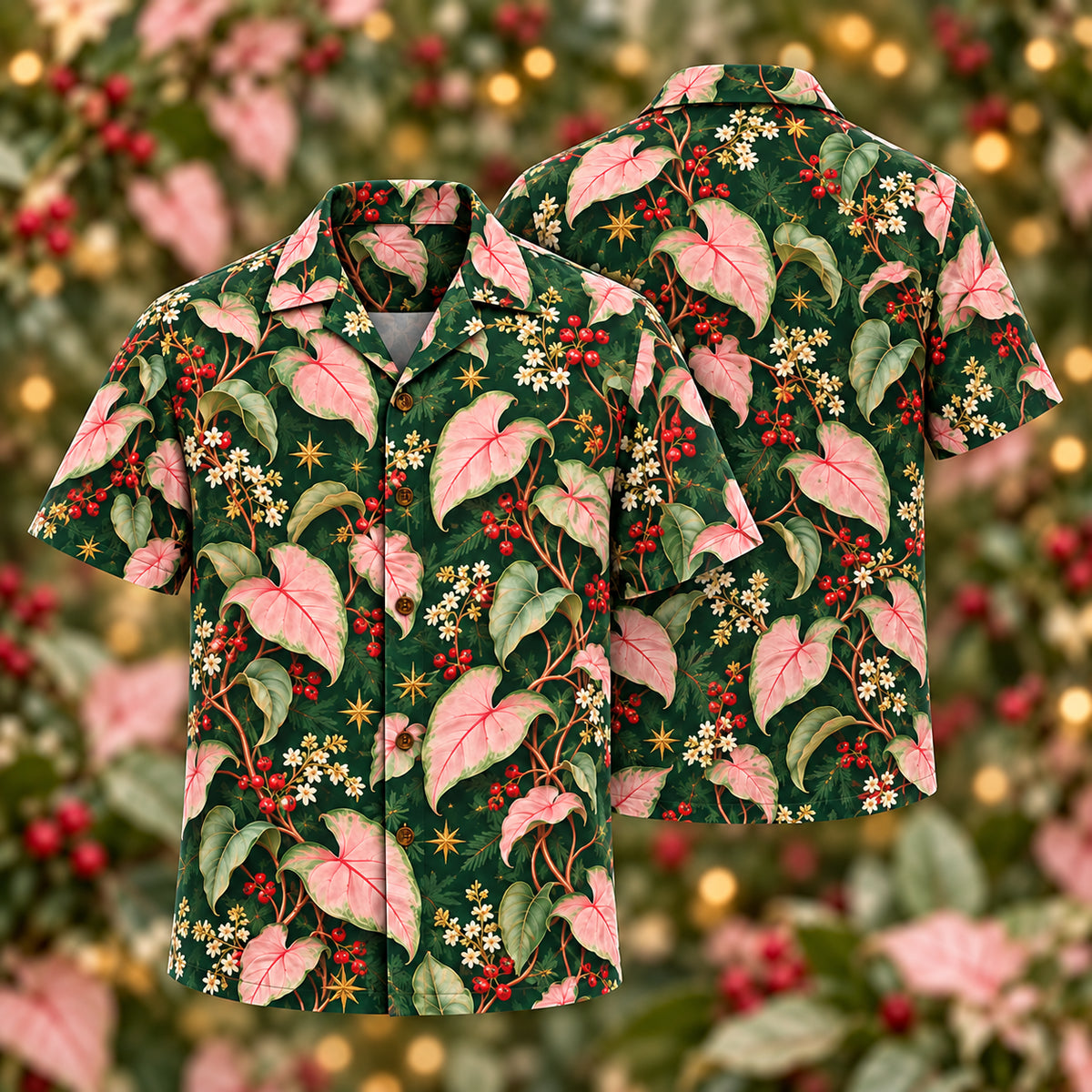 Digital mockup: front and back of one AlohaVero Christmas Blush Syngonium Pine Aloha No Pocket Hawaiian shirt