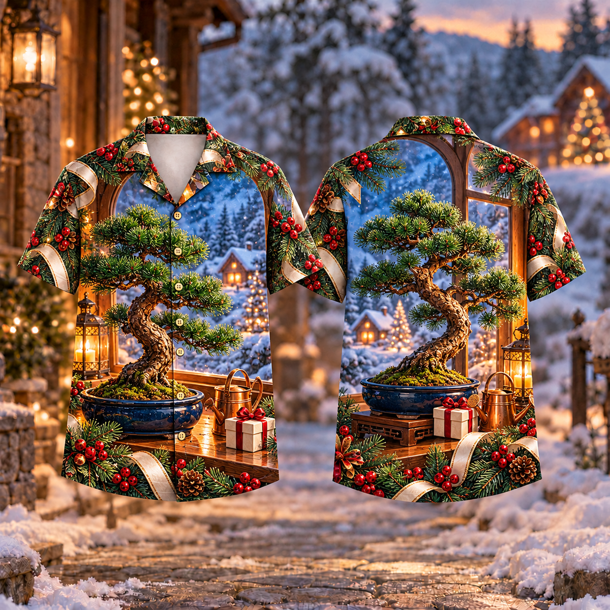Digital mockup: front and back of one AlohaVero Christmas Bonsai Quiet Moment Print No Pocket Hawaiian shirt