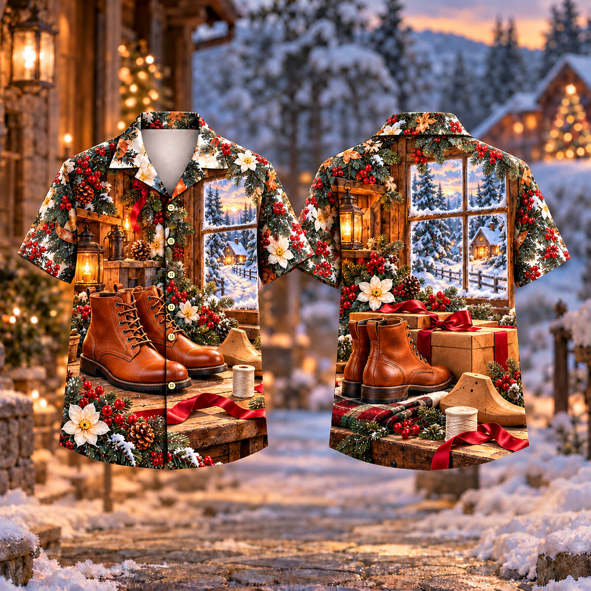 Digital mockup: front and back of one AlohaVero Christmas Bootmaker Warm Welcome Print No Pocket Hawaiian shirt