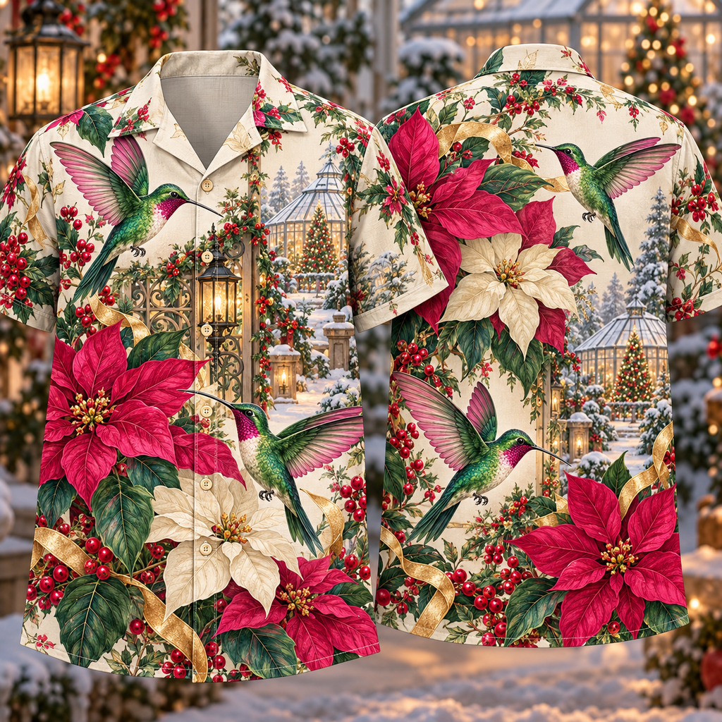 Digital mockup: front and back of one AlohaVero Christmas Botanical Hummingbird Poinsettia Emerald Magenta Ivory No Pocket Hawaiian shirt
