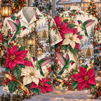 Digital mockup: front and back of one AlohaVero Christmas Botanical Hummingbird Poinsettia Emerald Magenta Ivory No Pocket Hawaiian shirt