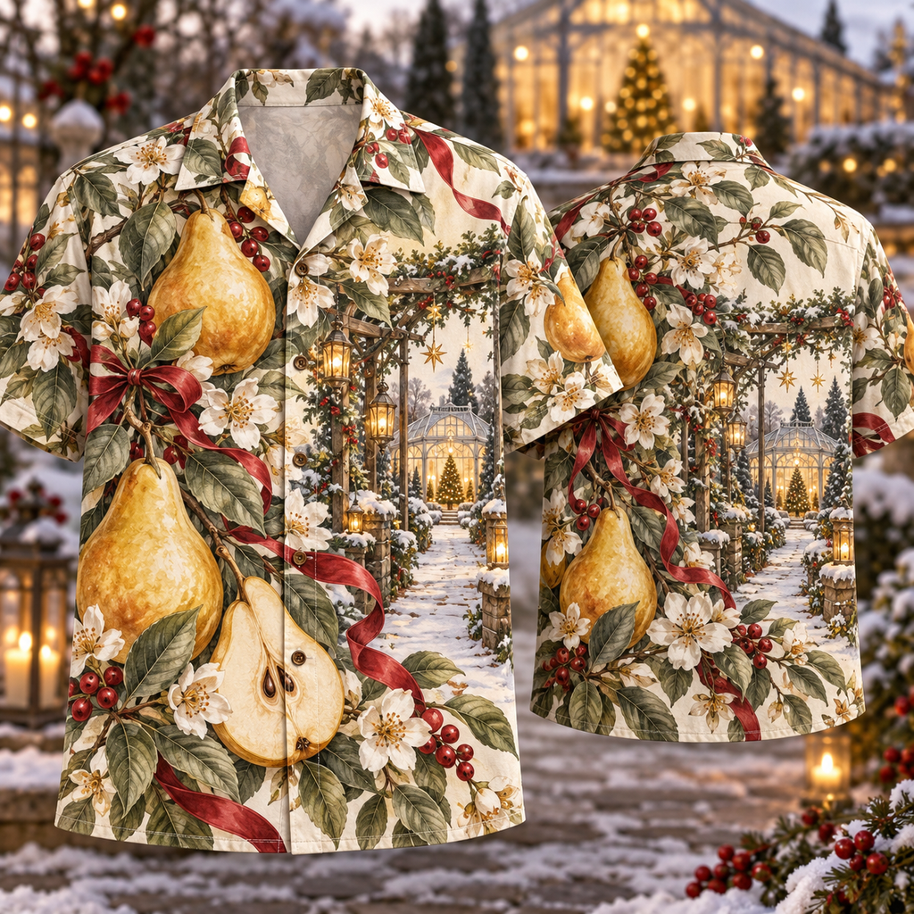 Digital mockup: front and back of one AlohaVero Christmas Botanical Ink Pear Orchard Gold Sage Ivory No Pocket Hawaiian shirt