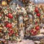 Digital mockup: front and back of one AlohaVero Christmas Botanical Ink Pomegranate Lantern Garden Ruby Sage Ivory No Pocket Hawaiian shirt