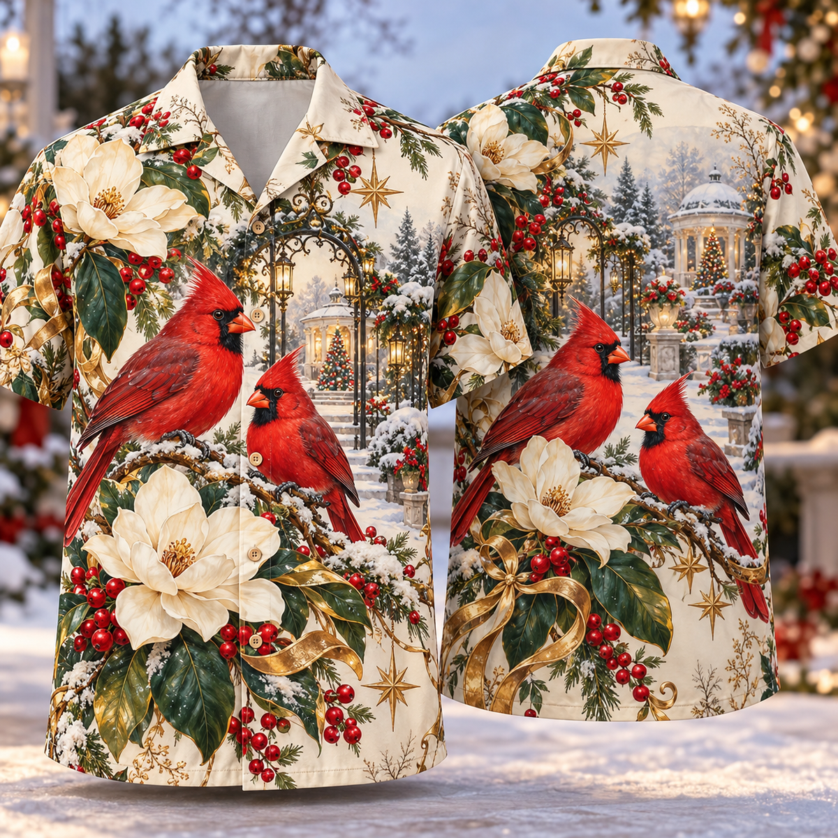 Digital mockup: front and back of one AlohaVero Christmas Botanical Magnolia Cardinal Ivory Ruby Jade No Pocket Hawaiian shirt