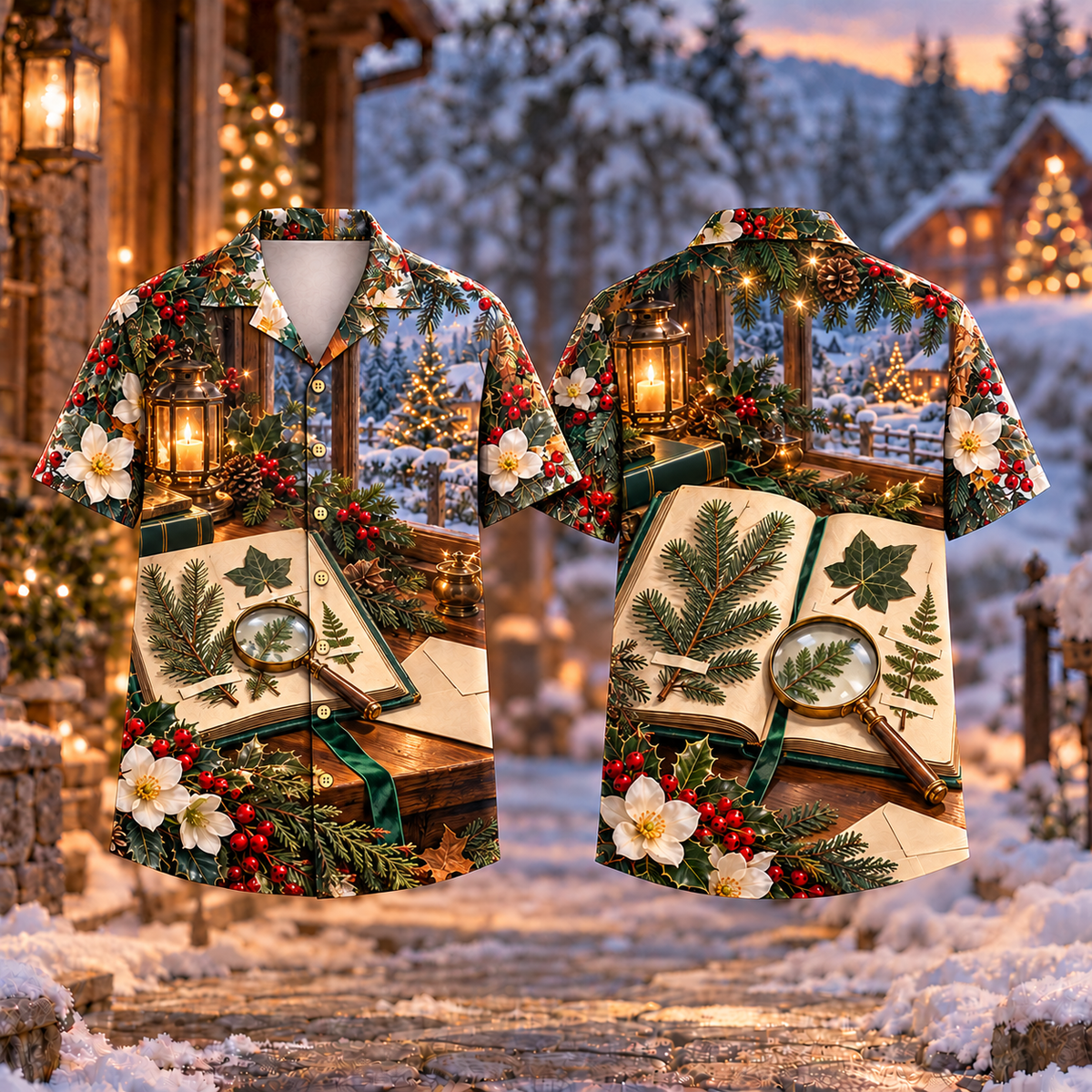 Digital mockup: front and back of one AlohaVero Christmas Botanical Memory Album Print Emerald Gold No Pocket Hawaiian shirt