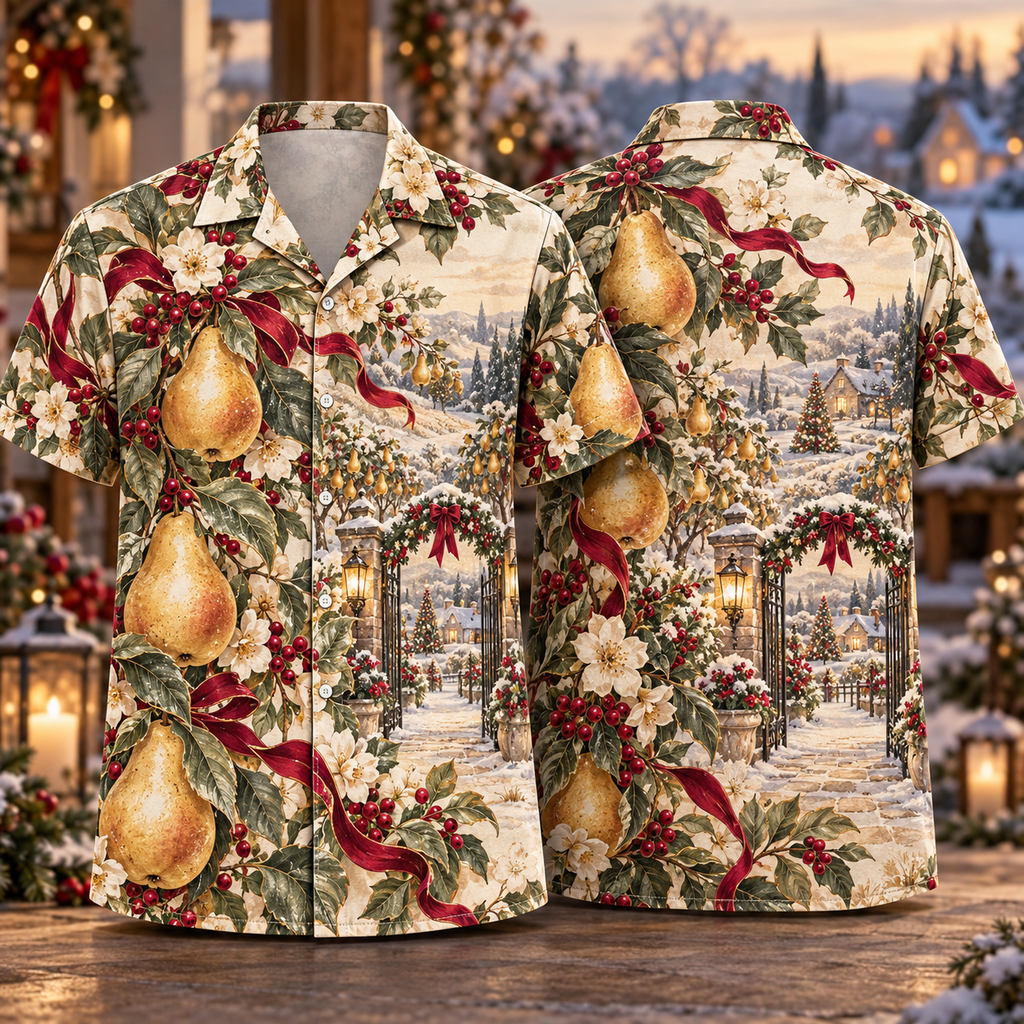Digital mockup: front and back of one AlohaVero Christmas Botanical Pear Orchard Lantern Gold Sage Burgundy No Pocket Hawaiian shirt