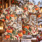Digital mockup: front and back of one AlohaVero Christmas Botanical Persimmon Sparrow Amber Jade Ivory No Pocket Hawaiian shirt