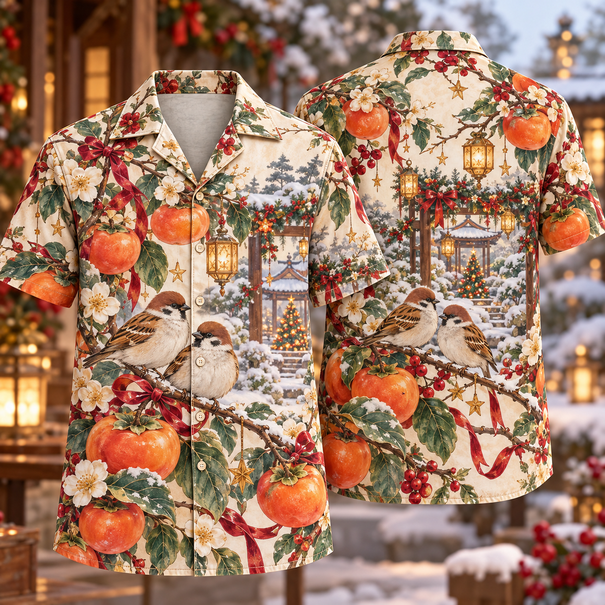 Digital mockup: front and back of one AlohaVero Christmas Botanical Persimmon Sparrow Amber Jade Ivory No Pocket Hawaiian shirt