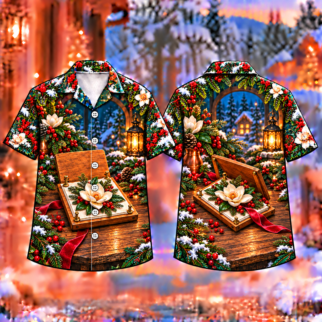 Digital mockup: front and back of one AlohaVero Christmas Botanical Press Winter Memory Print No Pocket Hawaiian shirt