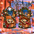 Digital mockup: front and back of one AlohaVero Christmas Botanical Press Winter Memory Print No Pocket Hawaiian shirt