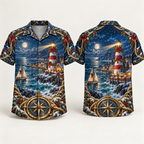 Digital mockup: front and back of one AlohaVero Christmas Brass Compass Nautical Lighthouse No Pocket Hawaiian shirt
