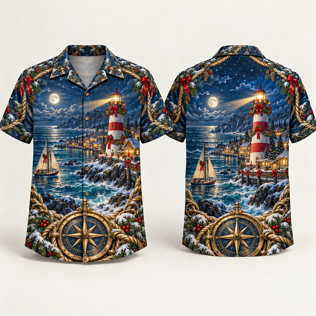 Digital mockup: front and back of one AlohaVero Christmas Brass Compass Nautical Lighthouse No Pocket Hawaiian shirt