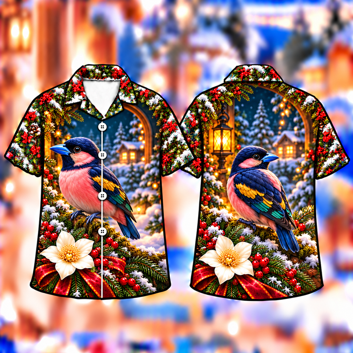 Digital mockup: front and back of one AlohaVero Christmas Broadbill Lantern Blossom Print No Pocket Hawaiian shirt