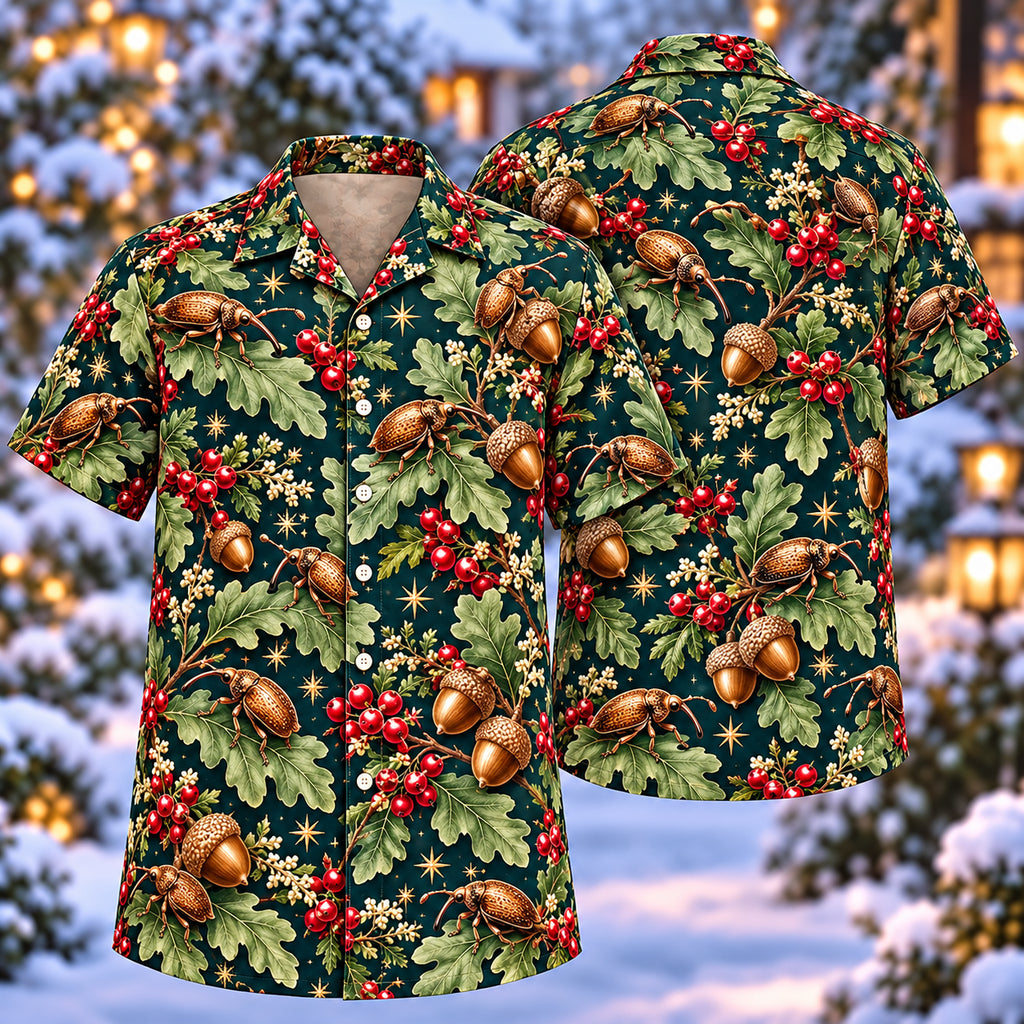 Digital mockup: front and back of one AlohaVero Christmas Bronze Acorn Weevil Teal Aloha No Pocket Hawaiian shirt