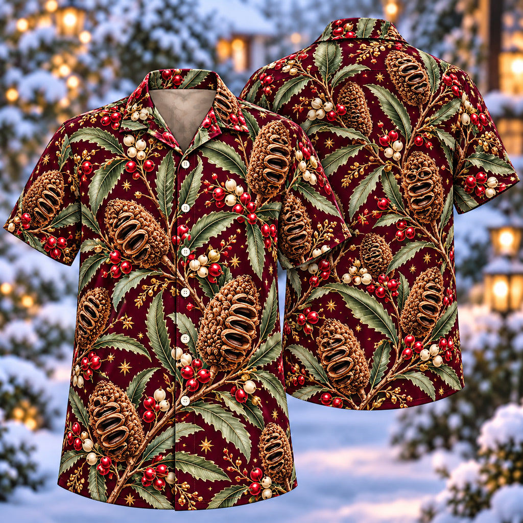 Digital mockup: front and back of one AlohaVero Christmas Bronze Banksia Seedpod Wine Aloha No Pocket Hawaiian shirt