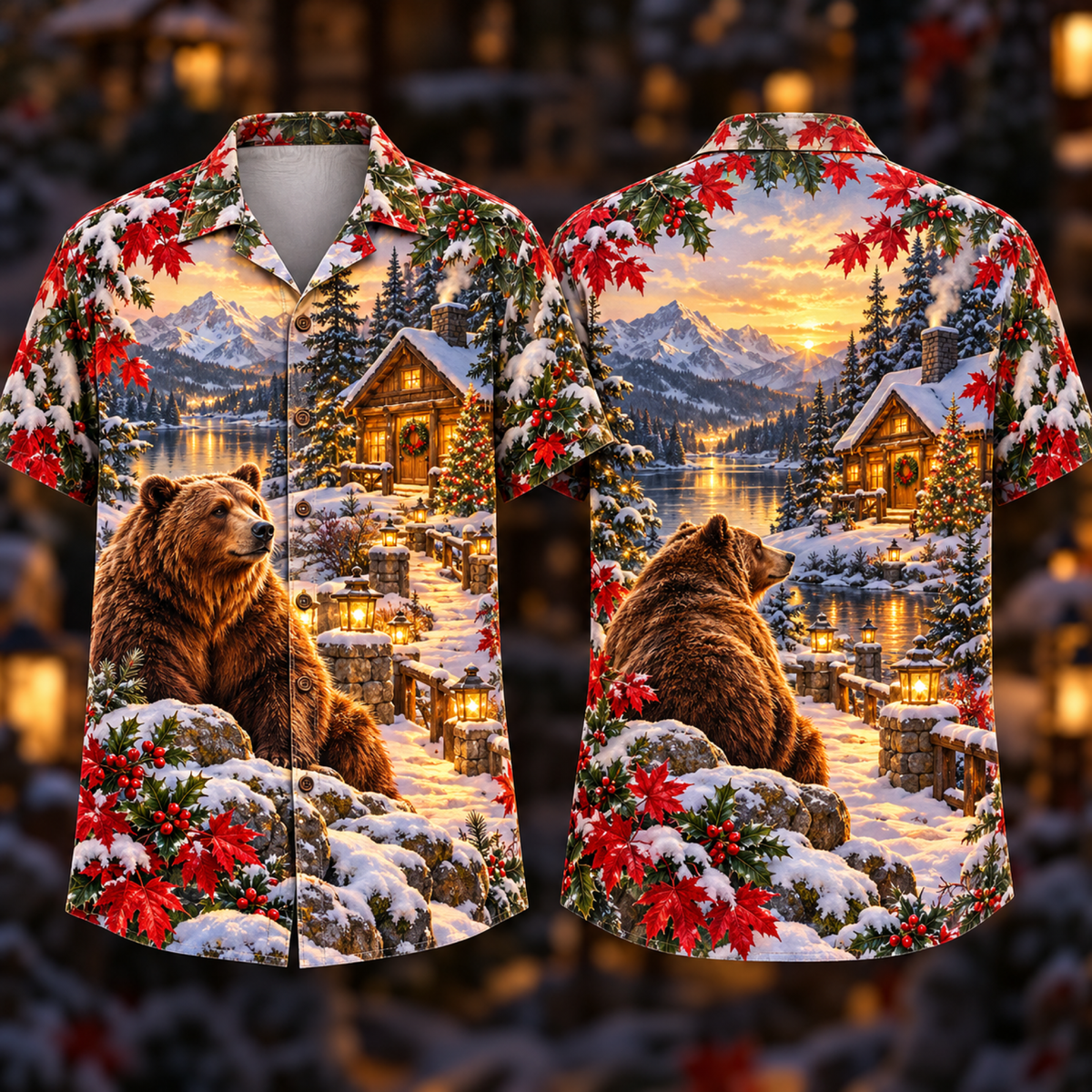 Digital mockup: front and back of one AlohaVero Christmas Bronze Bear Ruby Maple Golden Cabin Trail No Pocket Hawaiian shirt