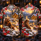 Digital mockup: front and back of one AlohaVero Christmas Bronze Bear Ruby Maple Golden Cabin Trail No Pocket Hawaiian shirt