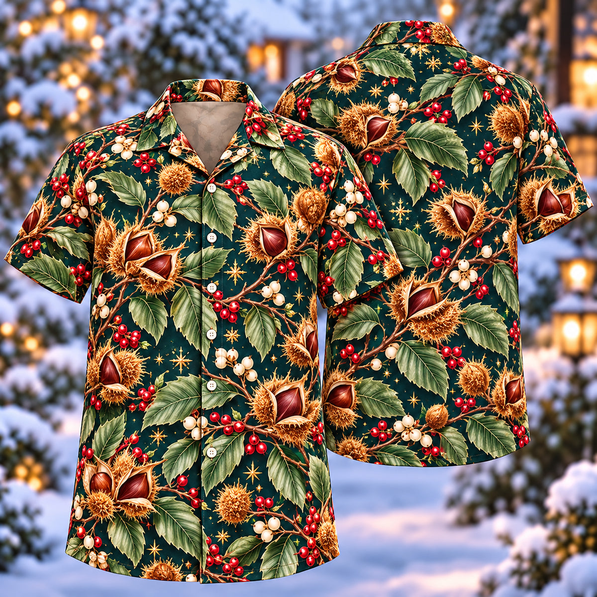 Digital mockup: front and back of one AlohaVero Christmas Bronze Beechnut Teal Aloha No Pocket Hawaiian shirt