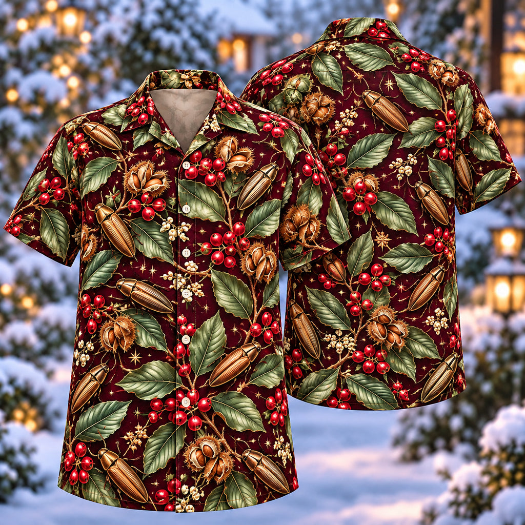 Digital mockup: front and back of one AlohaVero Christmas Bronze Click Beetle Beech Wine Aloha No Pocket Hawaiian shirt