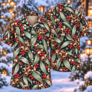 Christmas Bronze Eucalyptus Gumnut Navy Aloha Hawaiian Shirt
