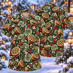 Digital mockup: front and back of one AlohaVero Christmas Bronze Lotus Seedpod Teal Aloha No Pocket Hawaiian shirt