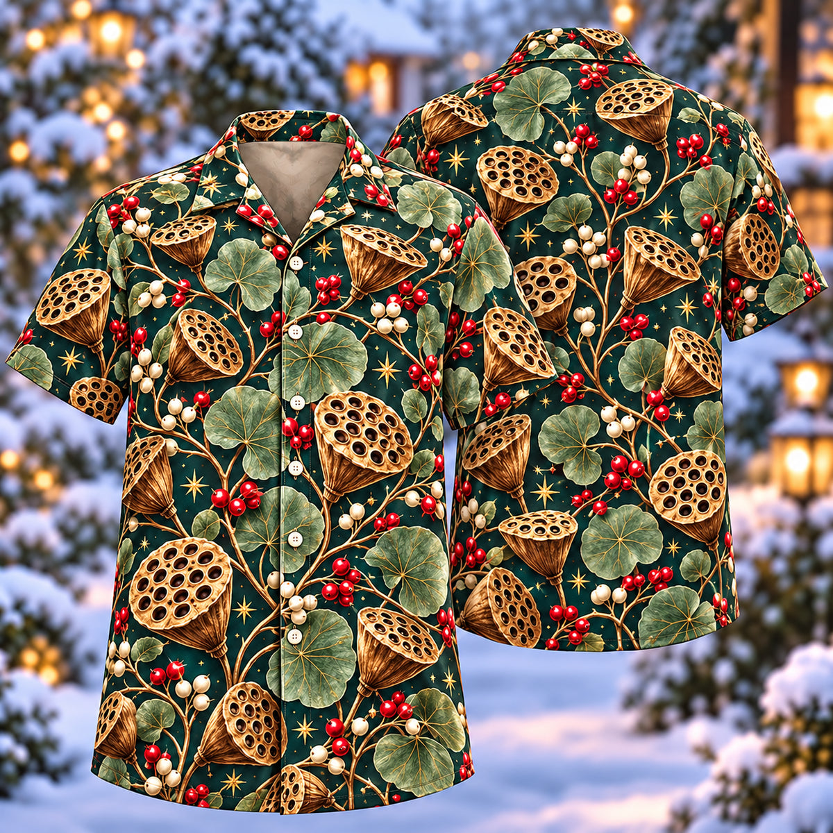 Digital mockup: front and back of one AlohaVero Christmas Bronze Lotus Seedpod Teal Aloha No Pocket Hawaiian shirt