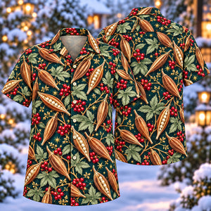 Christmas Bronze Okra Pod Teal Aloha Hawaiian Shirt