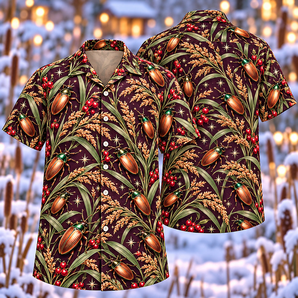Digital mockup: front and back of one AlohaVero Christmas Bronze Reed Beetle Sedge Aloha No Pocket Hawaiian shirt