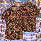 Digital mockup: front and back of one AlohaVero Christmas Bronze Reed Beetle Sedge Aloha No Pocket Hawaiian shirt