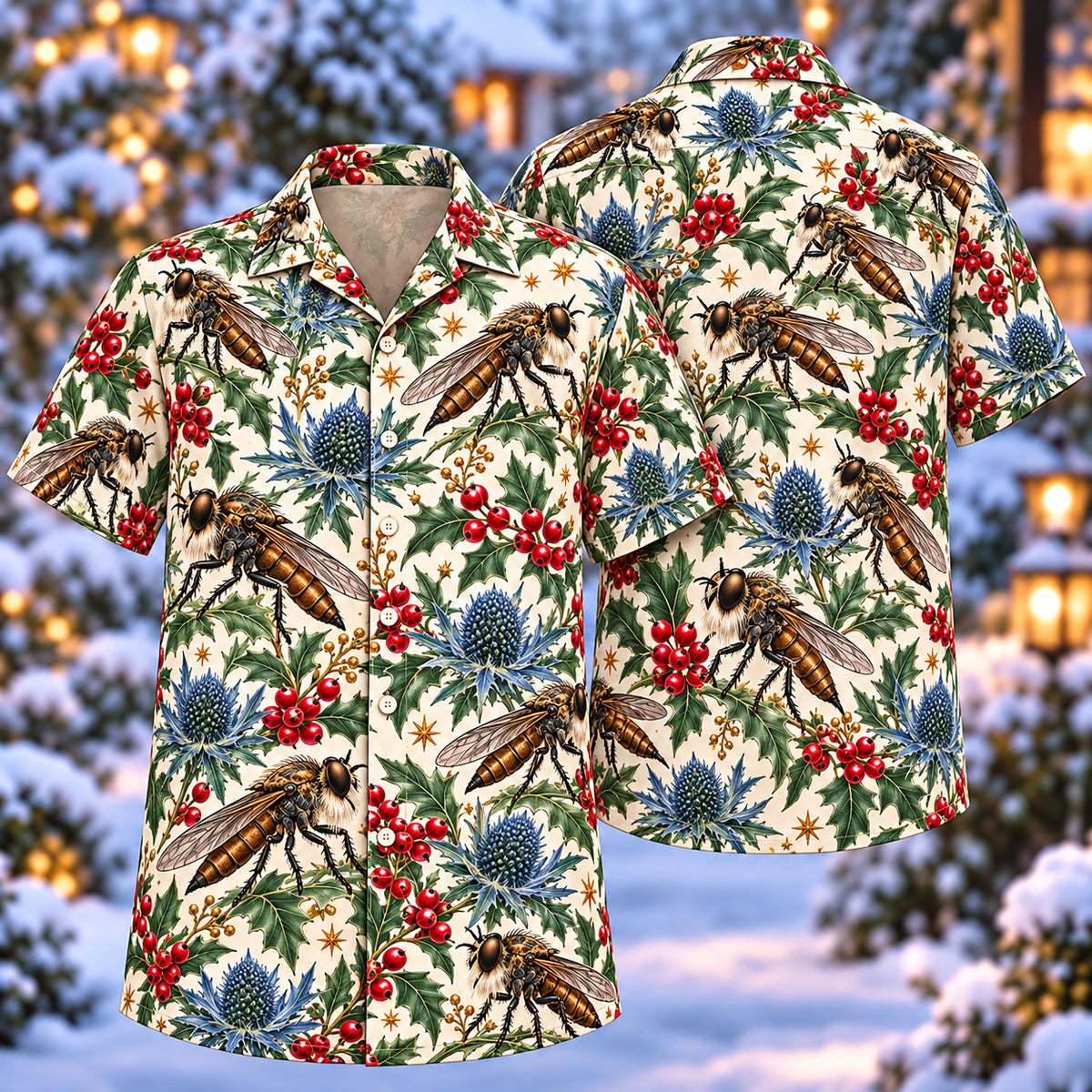 Digital mockup: front and back of one AlohaVero Christmas Bronze Robber Fly Sea Holly Aloha No Pocket Hawaiian shirt