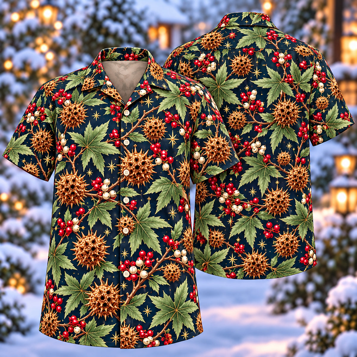 Digital mockup: front and back of one AlohaVero Christmas Bronze Sweetgum Navy Aloha No Pocket Hawaiian shirt