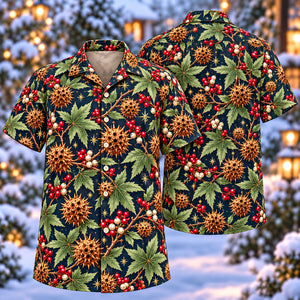 Christmas Bronze Sweetgum Navy Aloha Hawaiian Shirt