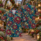 Digital mockup: front and back of one AlohaVero Christmas Burgundy Aeonium Teal Aloha No Pocket Hawaiian shirt