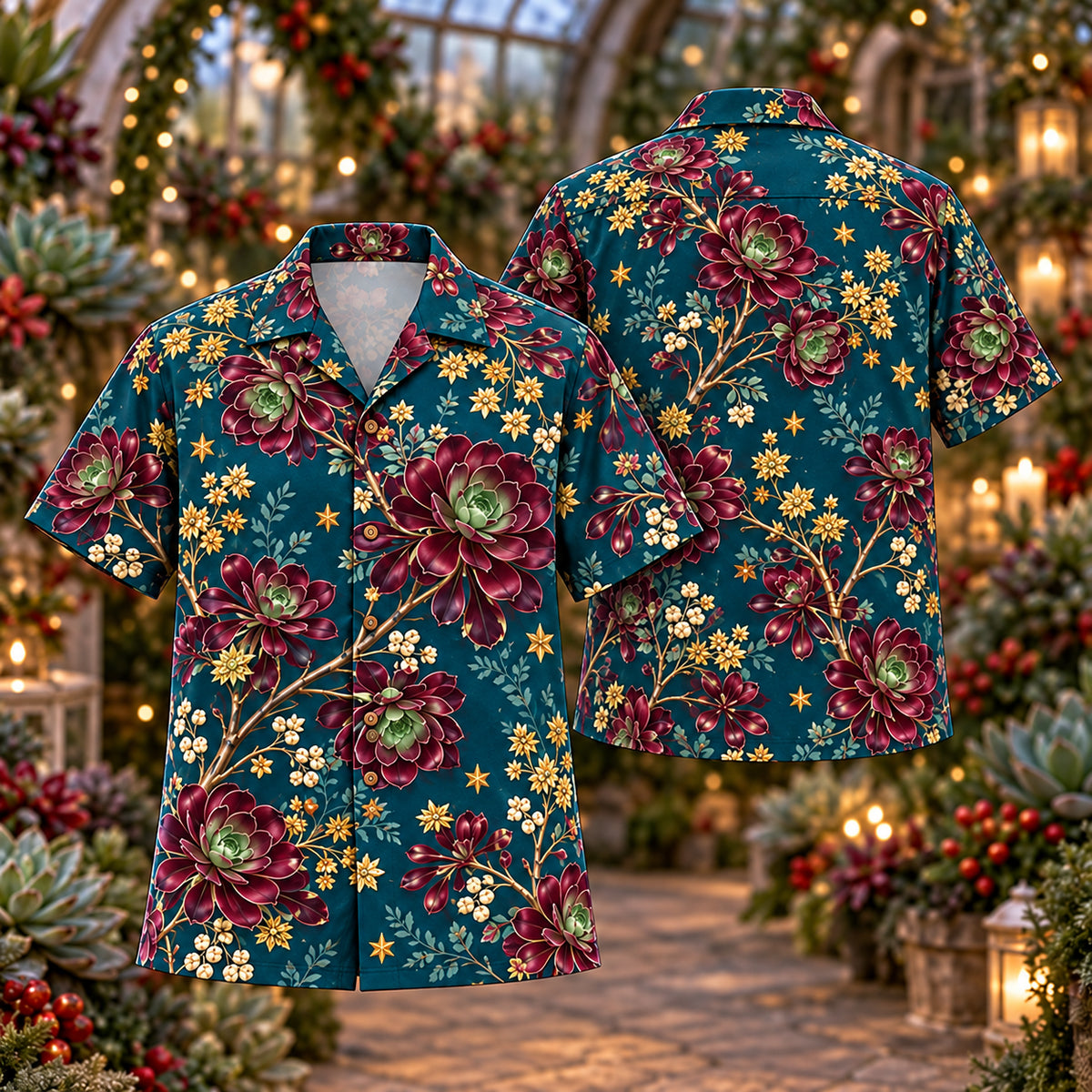 Digital mockup: front and back of one AlohaVero Christmas Burgundy Aeonium Teal Aloha No Pocket Hawaiian shirt