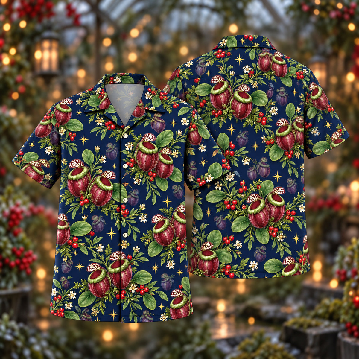 Digital mockup: front and back of one AlohaVero Christmas Burgundy Cephalotus Indigo Aloha No Pocket Hawaiian shirt