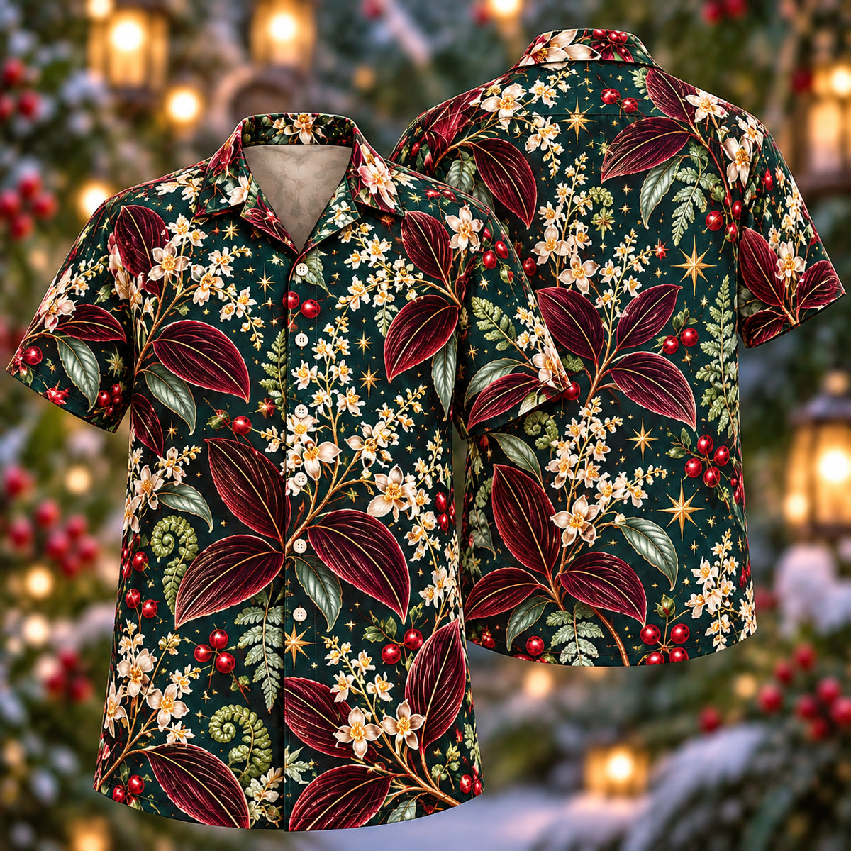 Digital mockup: front and back of one AlohaVero Christmas Burgundy Jewel Orchid Teal Aloha No Pocket Hawaiian shirt