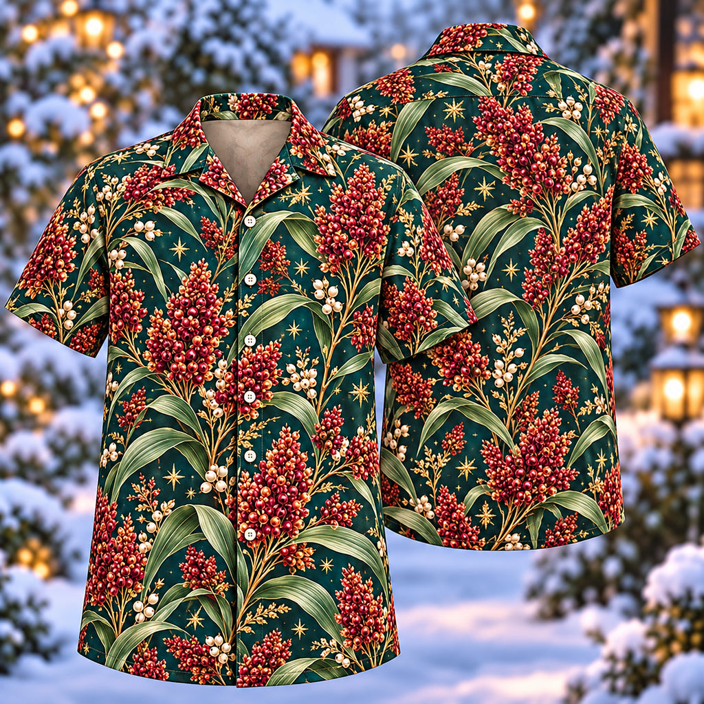 Digital mockup: front and back of one AlohaVero Christmas Burgundy Sorghum Teal Aloha No Pocket Hawaiian shirt